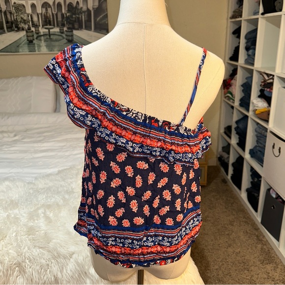 Xhilaration | NWT Asymmetrical Off Shoulder Flowy Ruffle Floral Latinx Print Top - Picture 4 of 12